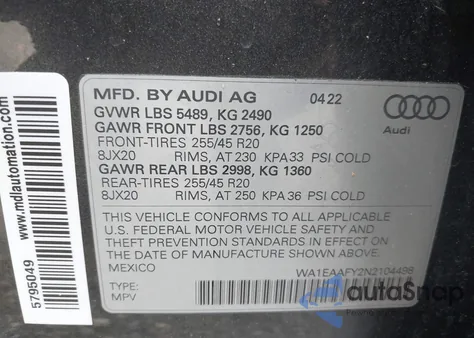 2022 Audi Q5 Premium Plus 45 Tfsi S Line Quattro S Tronic из США, поврежденный, VIN WA1EAAFY2N2104498